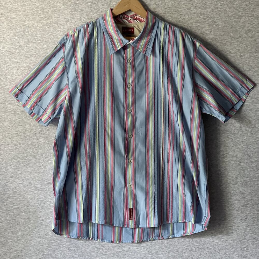 Vintage Tommy Hilfiger Shirt Mens XL Blue Striped Red Label Denim Pleated 2000s